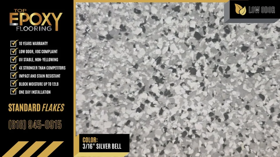 Standard flake epoxy floor colour 3/16" Silver Bell - Top Epoxy Flooring