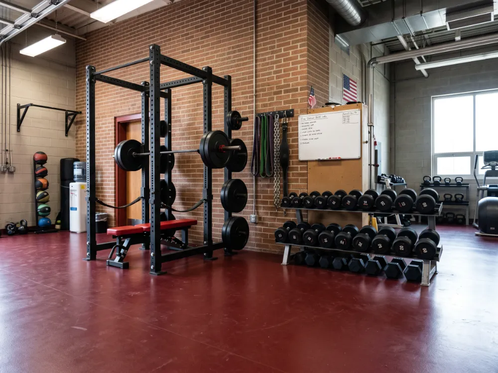 Fire station gym with a solid dark red epoxy floor and squat rack