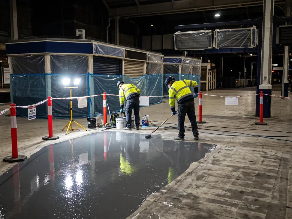 Technicians coating a station concourse behind barriers at night