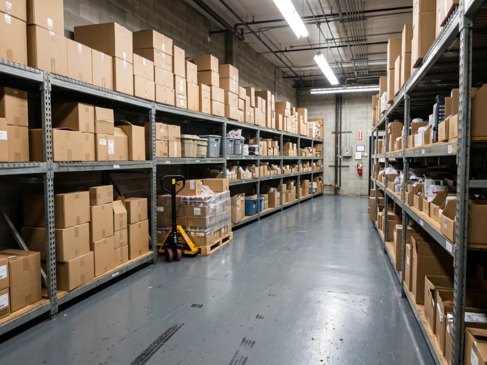Solid gray epoxy coating in a retail stockroom with steel shelving