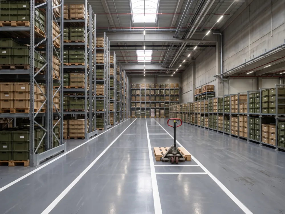 Supply warehouse with white lane striping coated into a gray epoxy floor