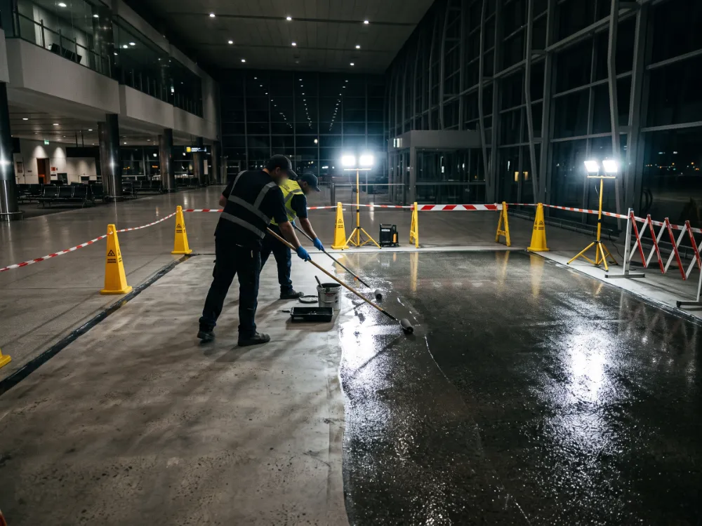 Technicians coating a cordoned terminal section overnight