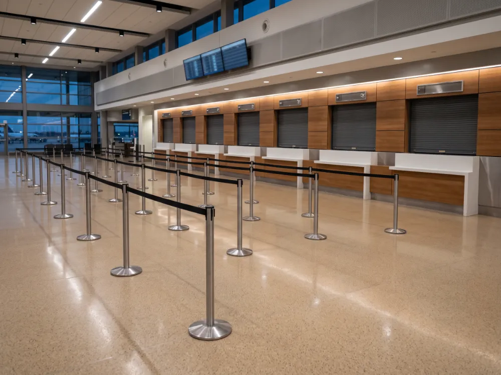 Terminal ticketing area with a warm beige quartz broadcast floor
