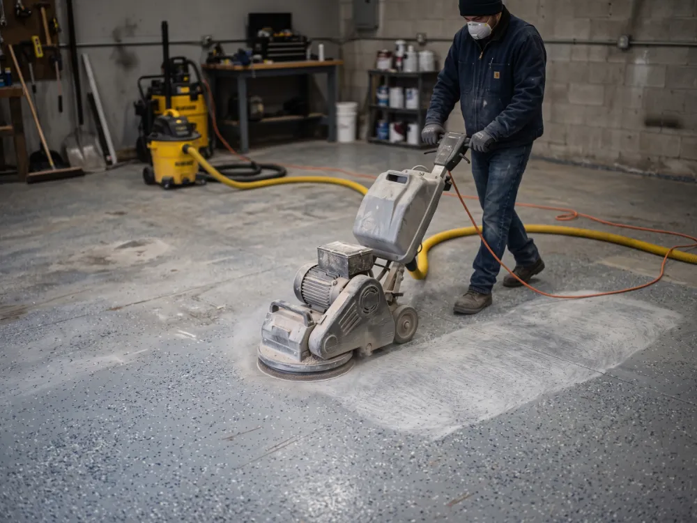 Orbital floor sander lightly abrading a dull flake epoxy floor before a fresh topcoat