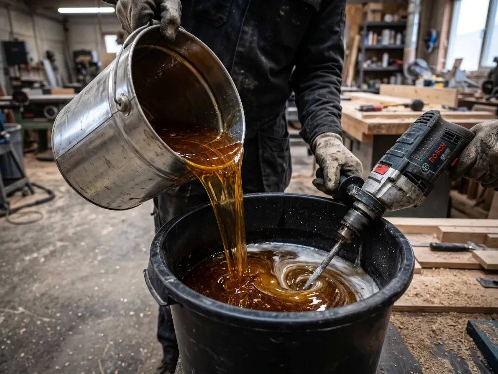 Thick amber two-component polyurea resin pouring into a mixing bucket before installation