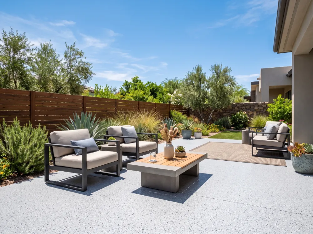 Uncovered backyard patio in full midday sun with an unfaded light gray flake coating