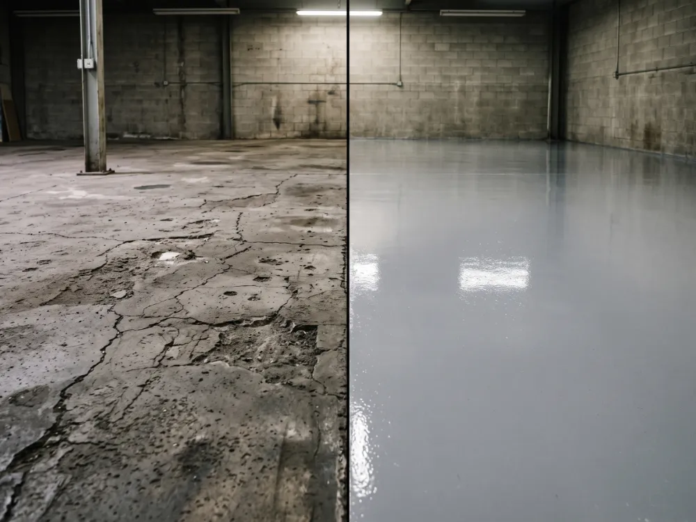 Cracked uneven interior slab beside the same floor smoothly leveled and coated
