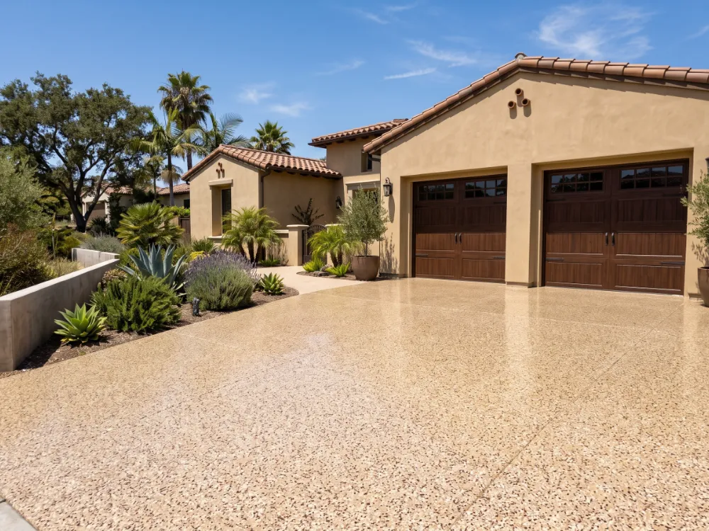 Sun-drenched Southern California driveway coated with a UV-stable tan flake system