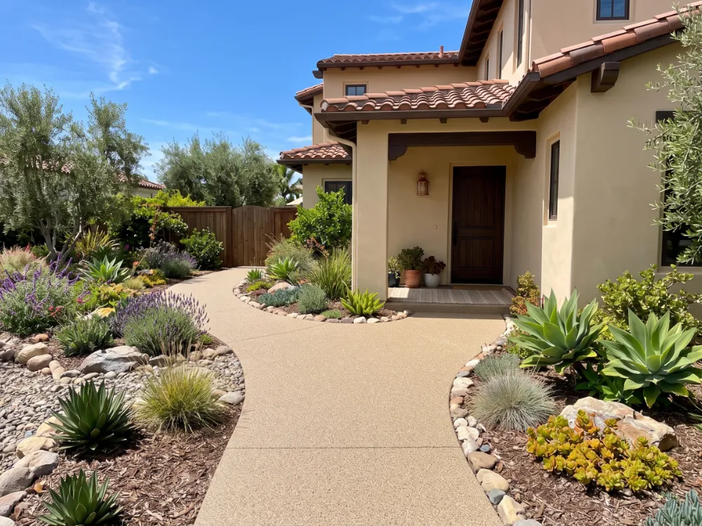 Coated outdoor concrete walkway with satin slip-resistant tan flake finish in full sun