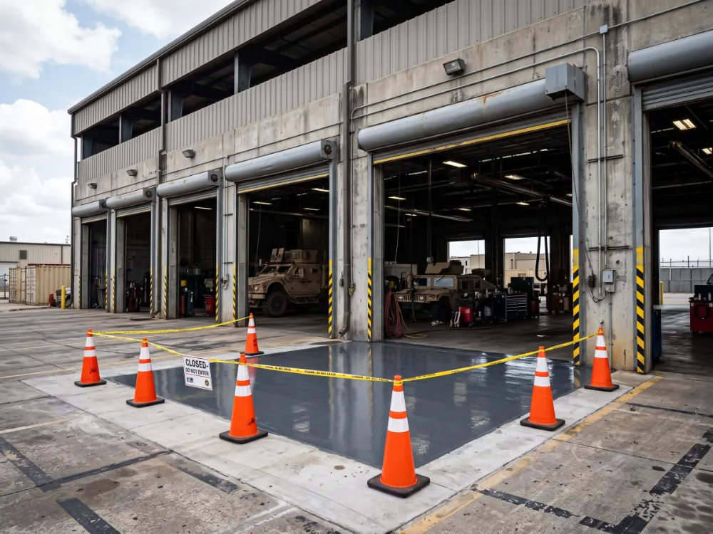 One bay of a vehicle facility freshly coated while the other bays stay open