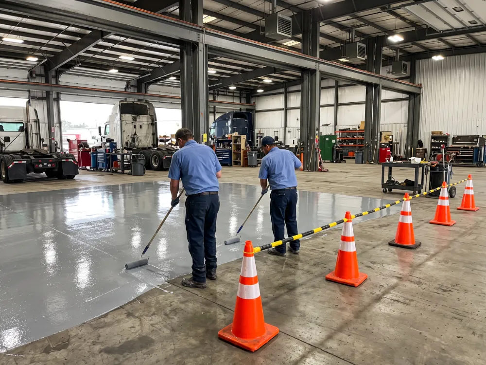 Technicians coating one bay of a vehicle facility while others stay open