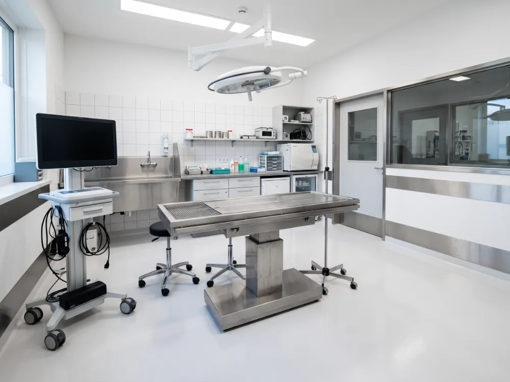 Veterinary surgical prep room with a seamless white epoxy floor