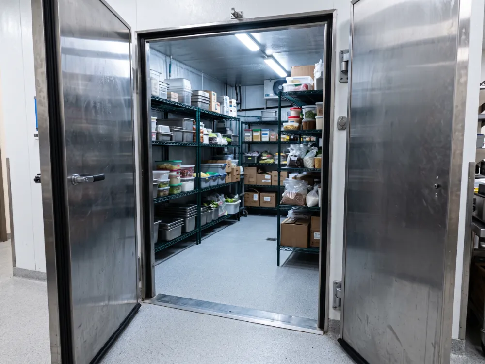 Walk-in cold storage room with a textured light gray epoxy floor