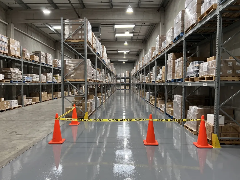 Coned warehouse aisle with fresh gray coating drying between racking
