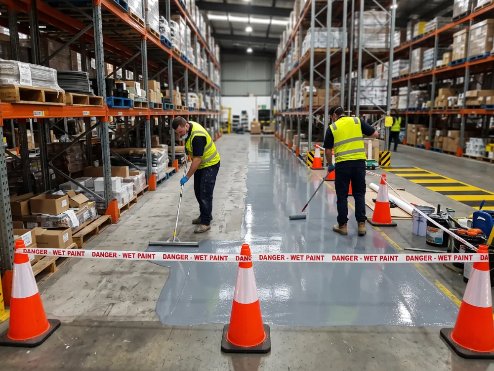Technicians coating a cordoned warehouse aisle between racking