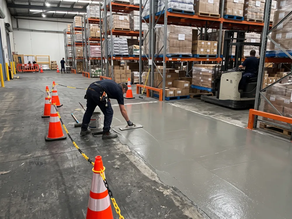 Warehouse floor section being restored with fresh overlay while operations continue nearby
