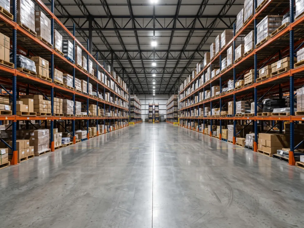 Warehouse aisle with a satin honed polished concrete floor between pallet racks