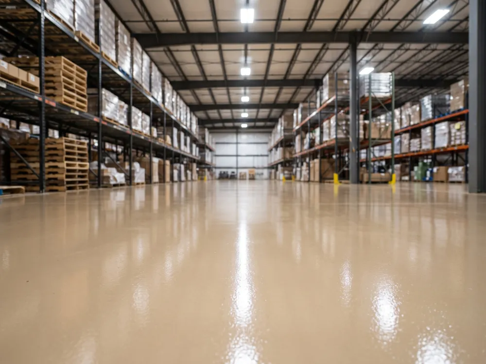 Warehouse floor with a fresh seamless tan self-leveling epoxy wear surface under high-bay lights