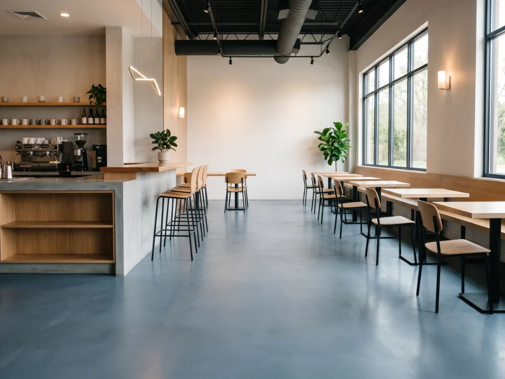Modern interior with a uniform slate blue-gray water-based stained concrete floor