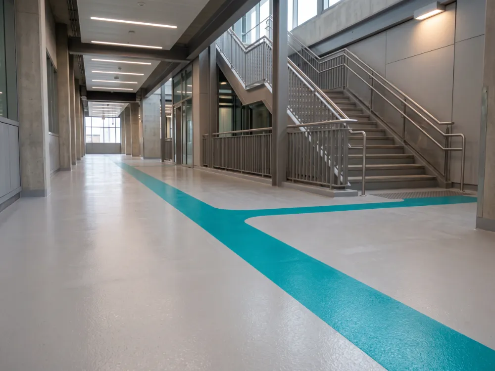 Transit corridor with a teal wayfinding stripe coated into the floor