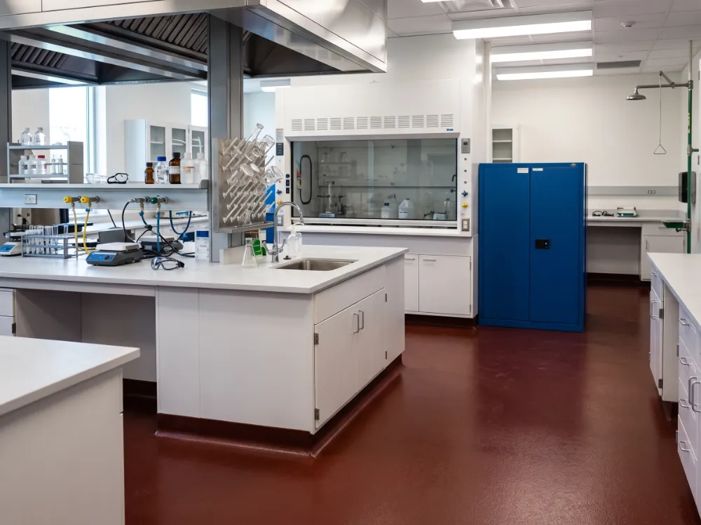 Chemical wet lab with a Novolac epoxy floor and coved edges