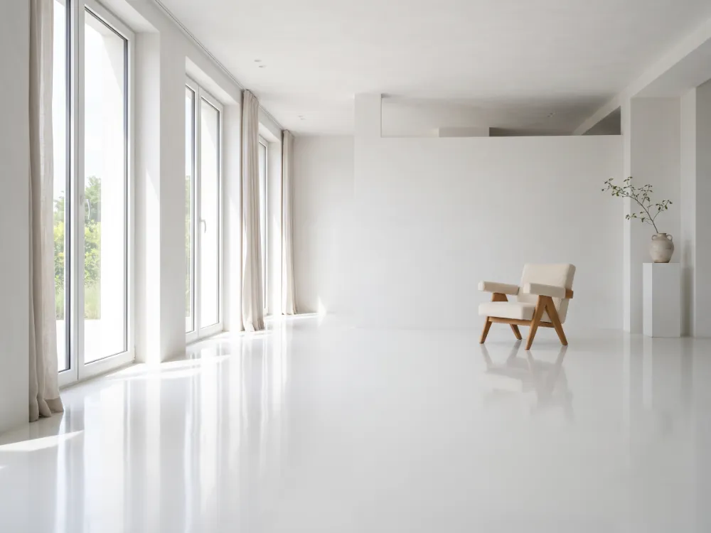 Bright minimalist room with a seamless white high-gloss epoxy floor reflecting window light
