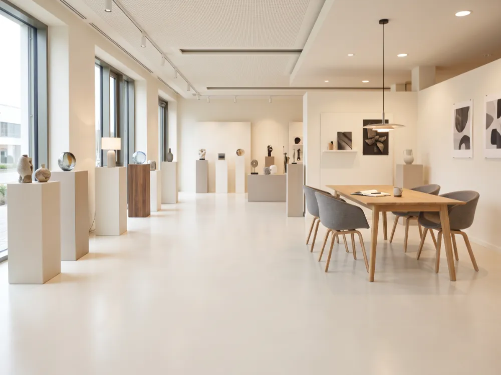 Bright showroom with a warm white solid color epoxy floor and display pedestals