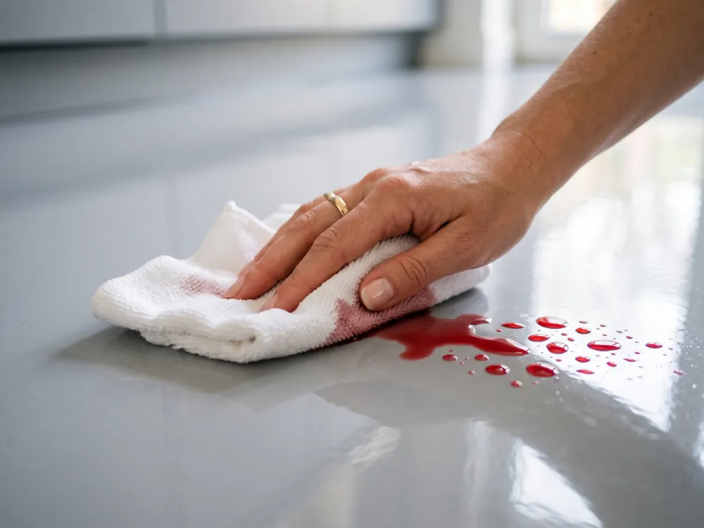 White cloth wiping a red wine spill cleanly off a non-porous epoxy kitchen floor