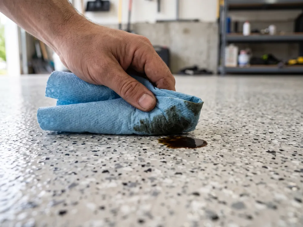 Shop towel wiping a small oil spot cleanly off a light flake epoxy garage floor